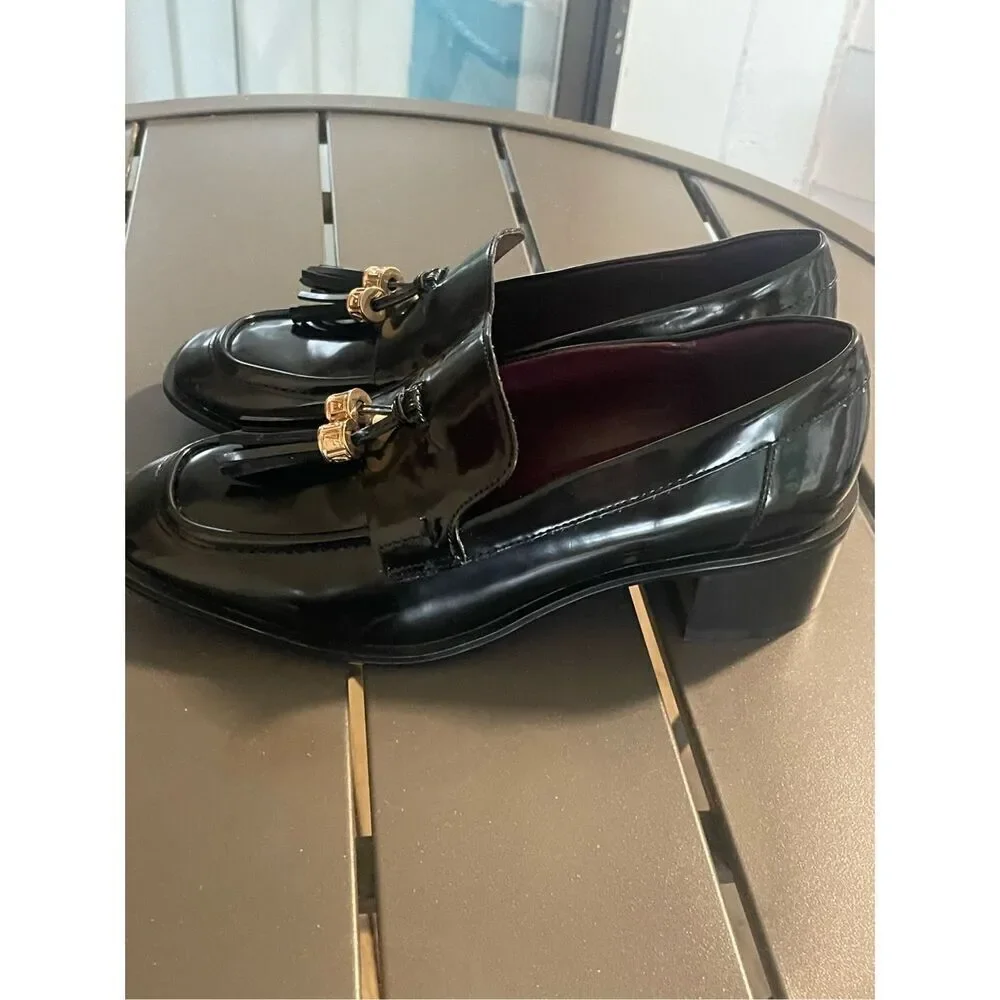 NWOB Franco Sorto Donna Block Heel Tassel Faux Patent leather Loafers Black 6M